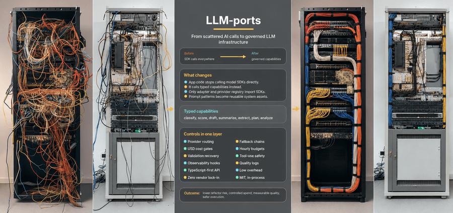 From scattered AI calls to governed LLM infrastructure. Same call sites, before and after a capability boundary.